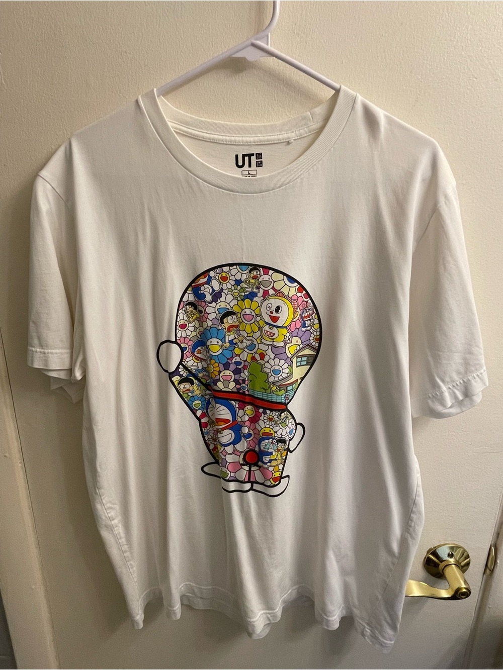 Uniqlo White Short-Sleeve Tee with Colorful Doraemon Mosaic